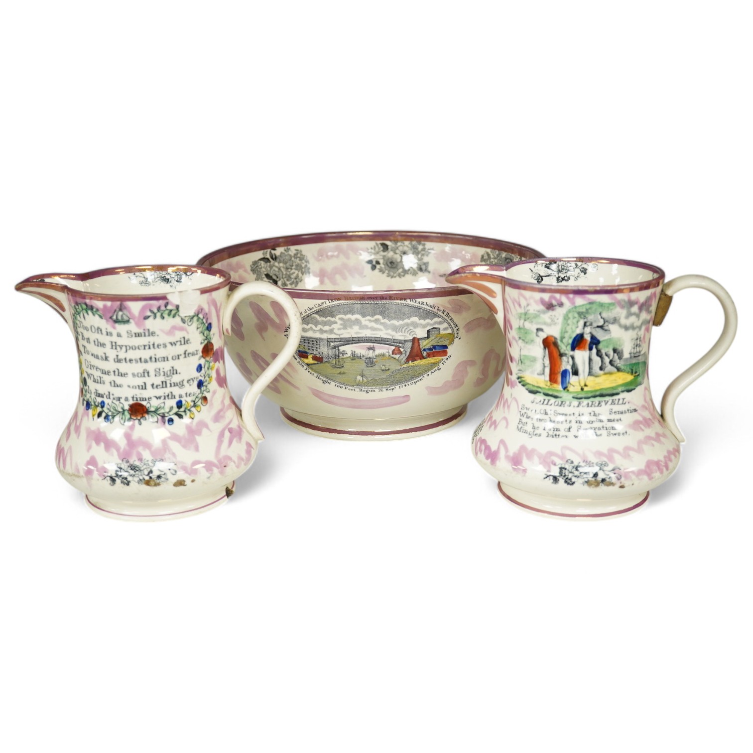 Three pieces of 19th century lustre pottery including a bowl and two jugs, all decorated with views of the Iron Bridge and shipping on the River Wear. Condition - poor to fair, some damage and a large chip to one of the